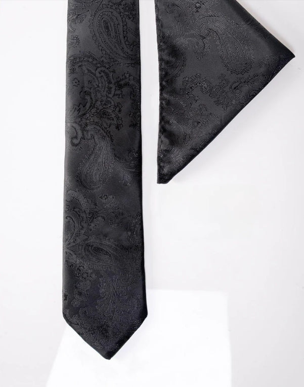 Gentlemens sæt sort paisley slips med lommetørklæde