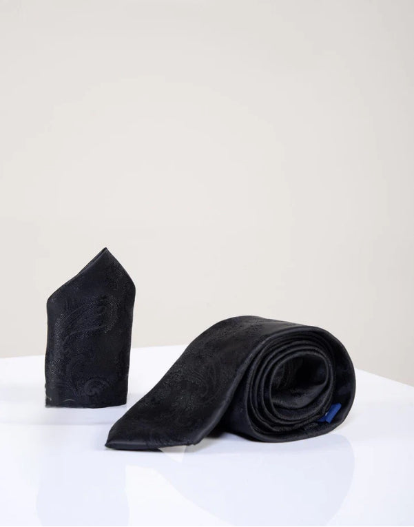 Gentlemens sæt sort paisley slips med lommetørklæde | Marc Darcy