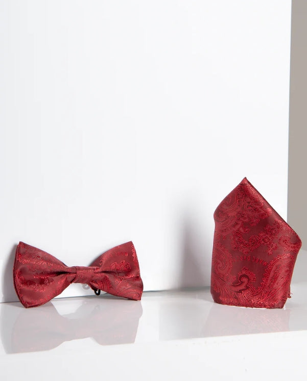 Marc Darcy Gentlemans sæt Rød Paisley Bow Tie med lommetørklæde